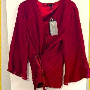 Dear John Rosalyn Wrap Blouse Brick Red V-neck Bell Sleeve w/ Eyelash Top Size M